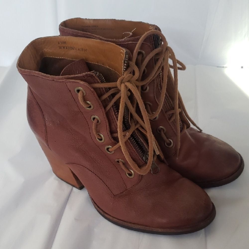 Kork-Ease Brown Leather Boots Womens 8.5 Lace & Zip Prairie Ankle Bootie Western